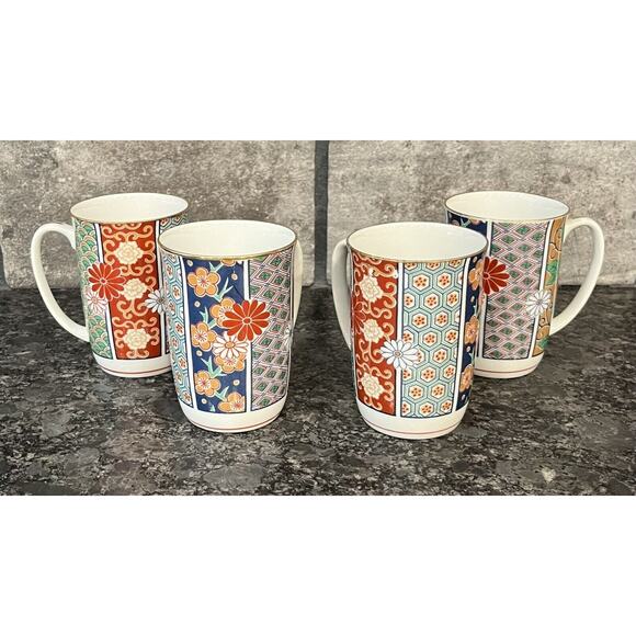 4 Arita Imari Fan 4” Tea Coffee Mugs Japan Oriental Asian Florals Patterns - Picture 1 of 8